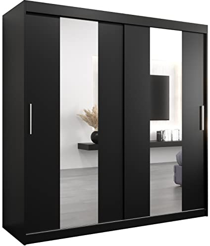 MEBLE KRYSPOL Pole 200 Schlafzimmerschrank mit Zwei Schiebetüren, Spiegel, Kleiderstange und Regalen – 200x200x62cm - Mattschwarz