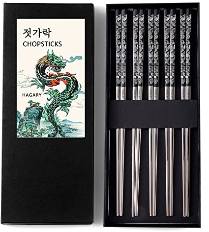 Hagary Drachen-Essstäbchen, Metall, wiederverwendbar, entworfen im koreanischen japanischen Stil, Edelstahl, 316 18/10, rutschfest, 2 Paar, spülmaschinenfest, lasergeätzt (Schwarz – 5 Paar)