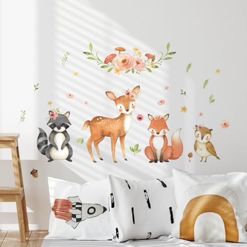 Tanlaby Waldtiere Wandtattoo Karikatur Tier Wandsticker Waschbär Rotwild Fuchs Eule Wandaufkleber für Kinder Babyzimmer Wohnzimmer Schlafzimmer Kinderzimmer Hause Wanddekoration