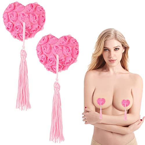 Xinjieda Reusable Adhesive Nipple Covers, Heart-Shaped Silicone Pasties with Tassels, 2 Pairs (new pink)