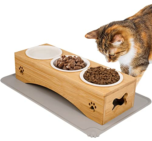 TAMOWA Gamelle Chat Surélevée, Gamelle Chat avec Support en Bambou, 3 Bols Chat Ceramique de Nourriture, Ø13cm Gamelle pour Chat mit Tapis Gamelle Chat, Gamelle Chien pour Chats et Petits Chiens