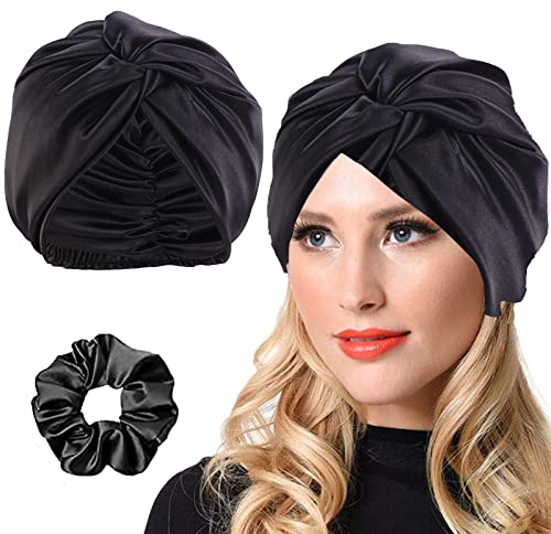 Kreuz Schlafmütze aus Satin Haar Mütze Mädchen Seidenmütze,Damen Mütze Schlafhaube Große Satin Haarhaube Doppellagig Verstellbare schlafhaube haare schützen（schwarz）