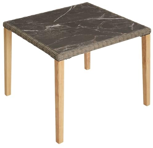 tectake Alu Rattantisch mit Tischplatte in Marmoroptik, quadratischer Gartentisch, 93,5 x 93,5 x 75 cm, Tischbeine aus Holz, Balkontisch mit Aluminiumgestell, wetterfest und UV-beständig (Natur)