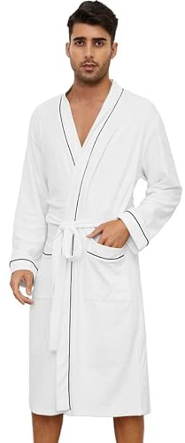 U2SKIIN Herren Bademantel Frottee 100% Baumwolle Sauna Bademantel weicher langer Bademäntel für Herren Kimono Morgenmantel Männer Nachtwäsche (Weiß, L/XL)
