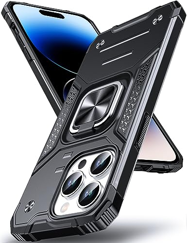 DASFOND Armor Hülle für iPhone 15 Pro Case, Stoßfeste Militär Handyhülle [Upgrade 2.0] 360 Grad Metall Ring Halter Ständer Schutzhülle [mit Auto-Magnet], Schwarz
