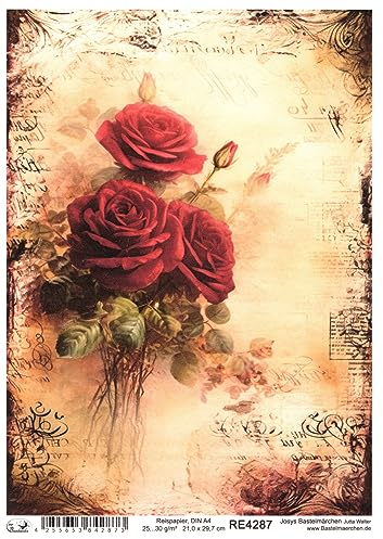 Josys Bastelmärchen Reispapier A4 Strohseide Vintage Scrapbooking Rosen Blumen Shabby Chic RE4287