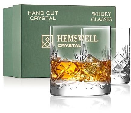Hemswell Kristall Whisky Gläser Set, 2 Stück – 310 ml, altmodische Gläser, Whisky-Becher – traditionell geschliffenes, bleifreies, hochklares Kristall-Whisky-Probierglas – satinierte Box (Glenrigg)