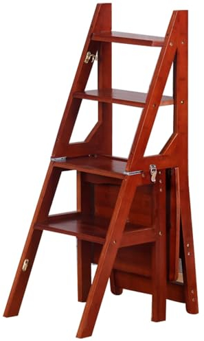 2-in-1-holz-klappleiter-stuhl, Umwandelbar, Klappbarer Trittleiter-stuhl, Hocker, Klappbarer Bibliotheksleiterstuhl Aus Massivem Kiefernholz, Faltbarer 4-stufen-hocker(Color:walnut color)