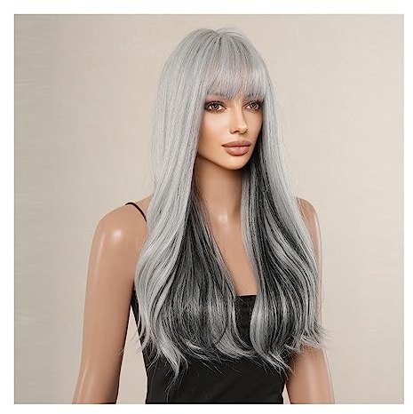 GRFIT Perücke Damen Grau-Blaue Ombre-Synthetik-Cosplay-Perücken, Lange gewellte Naturhaar-Perücke mit Pony for Frauen, hitzebeständige Faser-Perücken Perücken für Frauen