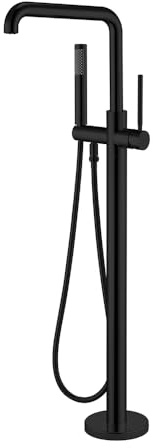 Miscelatore a pavimento nero opaco per vasca da bagno freestanding, colonna tonda da terra in ottone con doccino monogetto e flessibile