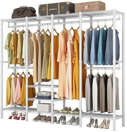 Solerconm Portant à Vêtements avec Étagères à Chaussures et 4 Barre Amovibles, 6 Étagères Hauteur Réglable, Porte-manteau en Métal 193 L x 40 W x 192 H CM, Charge à 408,23 KG,Blanc