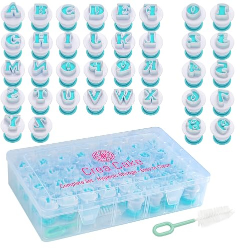 Crea Cake® 36 pcs Fondant Alphabet Letter Cutters, BPA Free Letter Plunger for Cake Letters Edible, Alphabet Cookie Cutters, Number & Letter Cutters for Cake Decorating, Stamps in Storagebox and Brush