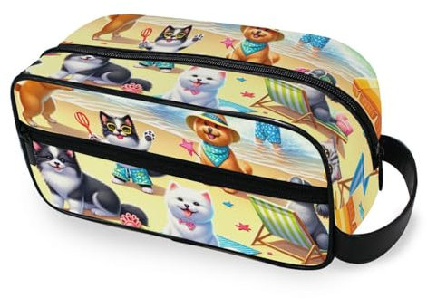 ODAWA Trousse de toilette unisexe à suspendre pour accessoires de toilette, Chiens et chats sur la plage d'été, one size