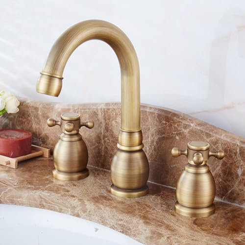 Rubinetto Bagno Lavabo Ottone Antico 3 Fori Rubinetto Vintage Girevole 360° a 2 Maniglie,antico