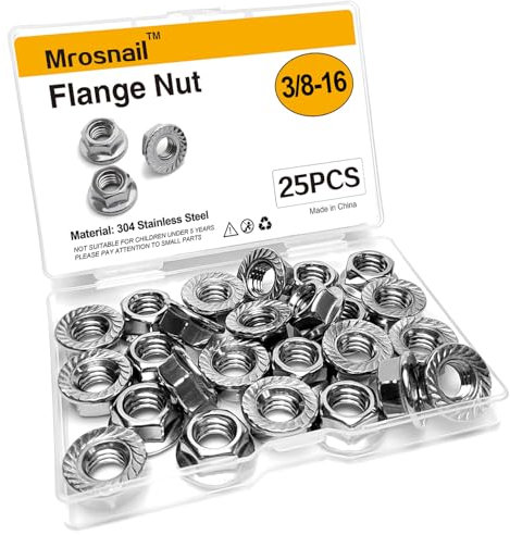 Mrosnail Kit de 25 tuercas hexagonales de brida de 3/8-16, acero inoxidable 304, surtido de tuercas de bloqueo dentadas para bricolaje, automoción, construcción, industrial, reparación, mejoras del