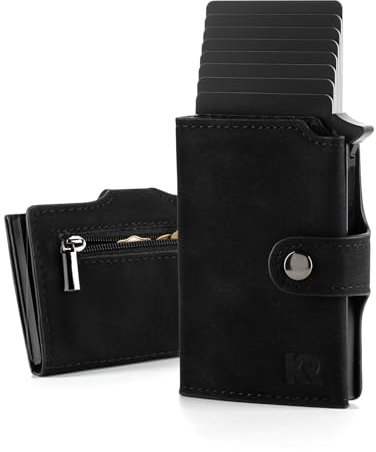 KRONIFY Geldbörse Herren | Slim Wallet mit Münzfach | Portmonee Herren | Portemonnaie klein | Mini Geldbeutel Pop-up Kartenetui | Kreditkartenetui Maximal 8 Karten | Für Bargeld und Münzen | Schwarz