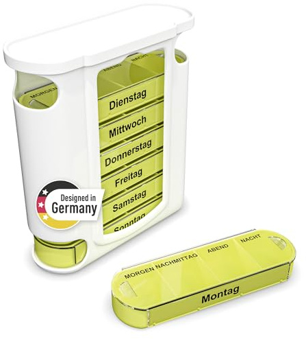 Weinberger „PillVoyage“ Tablettenbox 7 Tage | Medikamentenboxen mit 4 Fächern pro Tag | Pillendose als kompakter Organizer | Pillenbox für morgens, mittags, abends, nachts (Pillenbox 7 Tage – Grün)