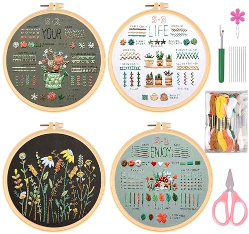 Kit de Inicio de Bordado, 4 Piezas Juegos de Bordar con Patrones e Instrucciones, Kit de Bordado Principiantes, Kit de Herramienta de Punto Cruz,con Aros de Bordado,Tela Bordada, Hilos de Colores