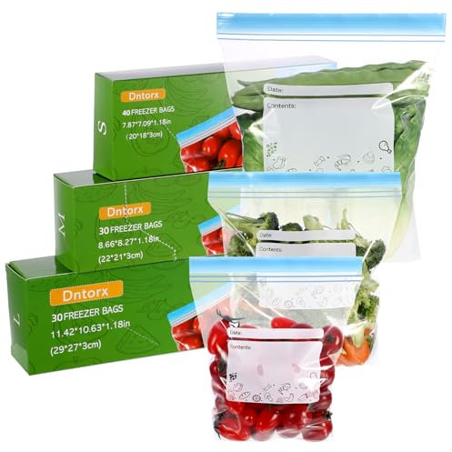 100 Pcs Freezer Bags, 3 Sizes Food Storage Bags (4.55L, 2.27L, 1L) Double Seal Reusable Zip Lock Bags with Expandable Bottom for Food Storage, Snacks, Fruits, Widen Bottom Soup Freezer Bag