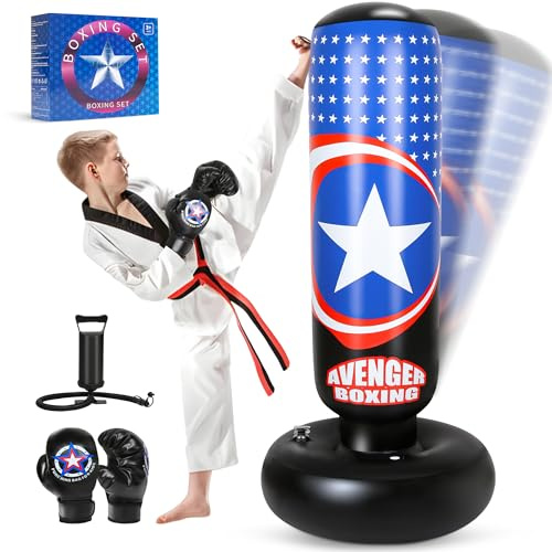 YasinKidz All Star Sac de Frappe Gonflable pour Enfants de 167,6 cm avec Gants pour karaté, Taekwondo, MMA