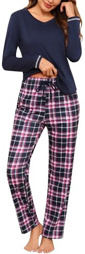 Litherday Pyjama Femme Hiver Ensembles de Pyjama Femme Coton Col en V Vêtements de Nuit à Manches Longues Imprimé à Carreaux Automne Vêtement d'Intérieur Bleu Marine L