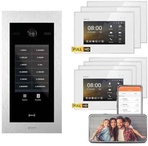 BALTER EVO HD Touch 7 Silber/Weiß Video Türsprechanlage mit RFID/Codemodul Set für bis zu 1000 Teilnehmer (1x Türstation mit Full HD-Kamera, 3x7 Zoll + 4x7 Zoll WiFi Monitor, 2-Draht, 175° Weitwinkel)