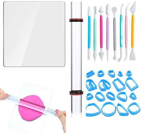 Clay Rolling Pin, Rolling Pin for Clay, Air Dry Clay Tools, Modeling Clay Tools Set for Pottery Clay Modeling Embossing, Clear Clay Art Craft DIY Clay Tool, Handmade Crafts Art Supplies