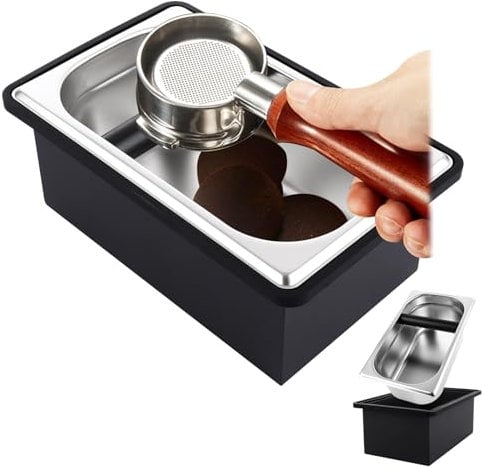AKOLAFE Coffee Knock Box Stainless Steel Large Espresso Knock Box Coffee Bin Coffee Grounds Knock Box Container Sage Knock Box with Removable Knock Bar and Non Slip Base for Knocking Filter
