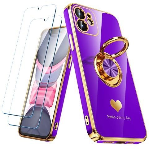 Nonional Compatible for iPhone 11 Case with 2 Pack Screen Protector, 360° Rotatable Ring Holder [Luxury Hearts Pattern] Plating Gold Edge Slim Soft Phone Cover Case for iPhone 11 - Neon Purple