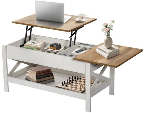 Vendricasa Tavolino basso, tavolino sollevabile, con cassetti di stoccaggio, con vano aperto e scomparto nascosto, adatto per il lavoro e lo stoccaggio nel soggiorno, Marro (Bianco)