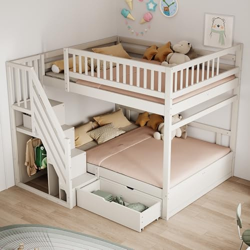Oxtao Letto a castello 140x200, letto per bambini con scala e armadio, letto funzionale con cassetto, doghe in legno, bianco, senza materasso