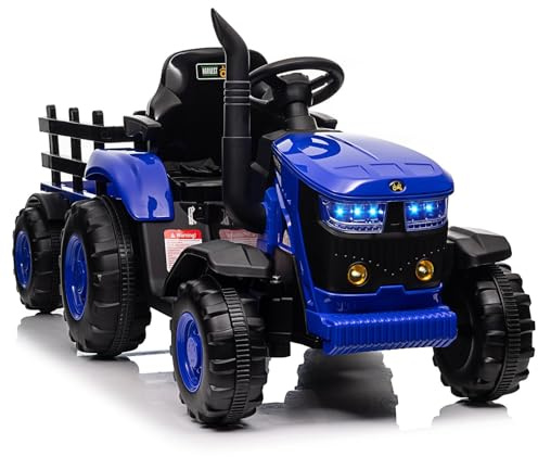 Garvee Trattore Elettrico per Bambini, Batteria 12V con Telecomando, Trattore con Rimorchio e Doppio Motore, Bluetooth/USB, Cambio a 3 Marce, Luci a 7 LED(Blu)