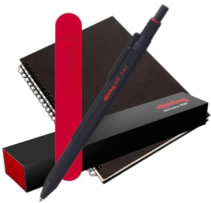 rOtring 600 3-in-1 Multicolour Pen & Mechanical Pencil | Black Barrel | Ballpoint (black & red ink) + 0.5mm Pencil | Gift Box + A5 Spiral Notebook + Velvet Pouch