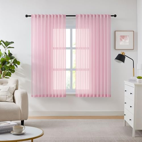 Melodieux Rosa Sheer Vorhänge mit Haken - Kräuselband Volie Gardinen Transparente 225×137cm (H×B), Vorhange Wohnzimmer (Pink, 2er Set)