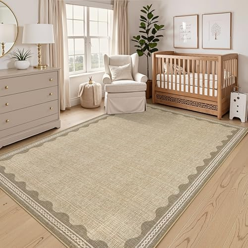 CAROMIO Modern Area Rugs Living Room 120x170cm Linen Washable Scalloped | Non Slip, Low Pile Indoor Carpet, Foldable Floor Mat, Nursery, Dining Room, Office