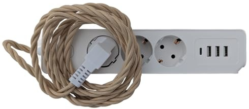 Vintage 3-fach Steckdosenleiste mit Stoffkabel 2m–16A Retro Verlängerungskabel, geflochtenes Textilkabel, klassisches Old-School Design, TUV/GS/CE zertifiziert–Auswahl aus 5 Farben (Victorian Vanilla)