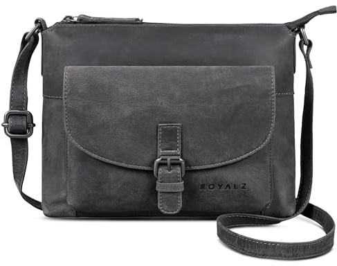 ROYALZ Maine moderne Vintage Damenhandtasche Leder klein - Echtleder Umhängetasche Damen Handtasche als Crossbody Bag oder Schultertasche für Freizeit Ausgehen Alltag;Farbe:Schwarz