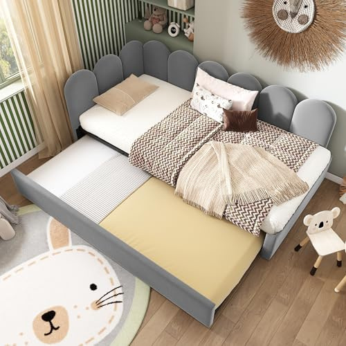 ZIDEY Polsterbett 90x200 Einzelbett mit Ausziehbett 90x190cm, Daybett Tagesbett Schlafsofa mit Lattenrost Jugendbett, Kinderbett,Grau, Samt, Ohne Matratze