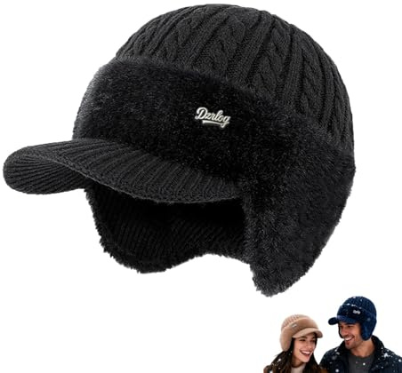 Trapper Blocking Knitted Hats, Mens Winter Beanie with Brim and Ear Flaps for Women, Warm Fleece Lined Knit Hat Baseball Cap (Black)