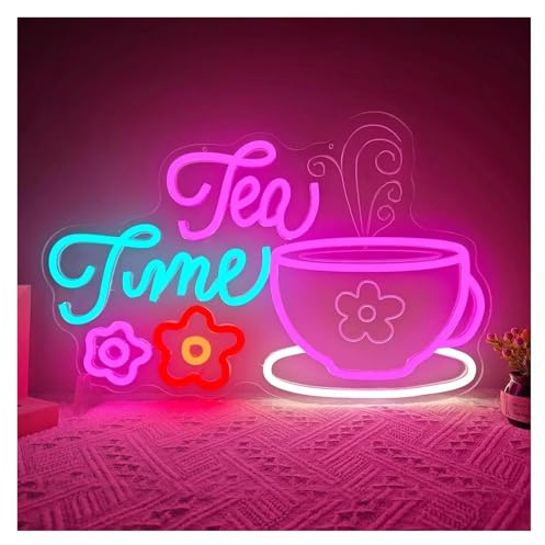 XENITE Hanging Art Neon Signs Tea Time Neon Sign LED Light Dimmable for Garden Floral Teapots Teacups Princess Tea Party Birthday Wall Decor 40cmx26cm