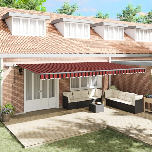 Tenda da sole retrattile manuale con LED arancione e marrone, 600 x 300 cm, per terrazza e finestre, protezione solare con motivo a righe, tenda da sole resistente alle intemperie per esterni