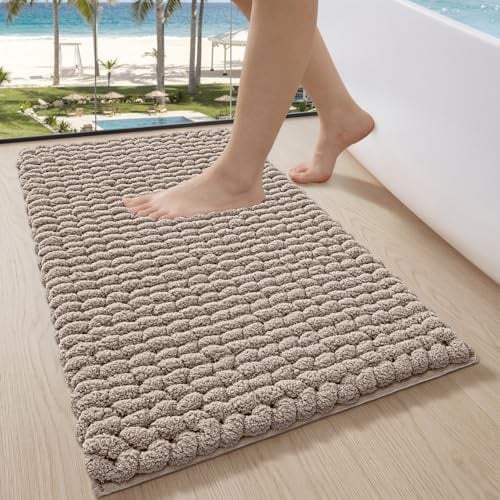 LUMI Chenille-Badematte, rutschfest, Saugfähig, Weich, Beige, 40 x 60 cm | Extra Dicke Plüsch-Badteppich, Waschbar Schnelltrocknend, Kuschelige Badezimmerteppich, für Badewanne, Waschbecken Waschküche