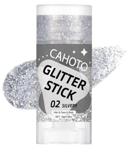 CAHOTO Silvery Face Body & Hair Glitter Stick for Singer Concerts Outfit | Chameleon Shimmer Stick Gel, Sparkling Holographic Chunky Sequins for Rave Festival Carnival Halloween, 0.56oz