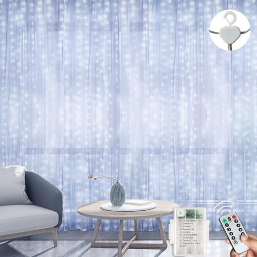 300LED 3m*3m Curtain Lights Battery Operated 8 Modes | Curtain Fairy Lights Indoor with Remote Control/Timer/Adjustable Brightness for Christmas/Bedroom/Wall/Window(Cold White)