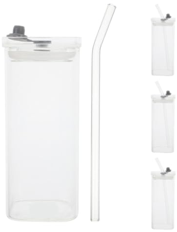 Cabilock Gobelet en Verre Transparent avec Couvercle et Paille 4 Pièces 350ml Forme Carrée, Matériau Verre Pp Silicone, Portable pour Bureau ou Activités Extérieures