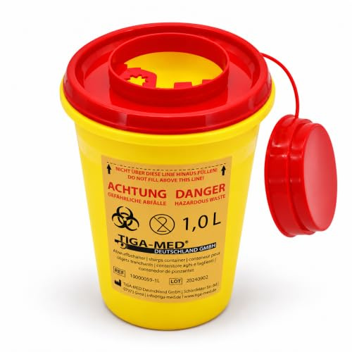 TIGA-MED Kanülenbehälter 1 Liter – 50 Stück – durchstichsichere Abwurfbox mit Sicherheitsdeckel – Entsorgungsbehälter für Nadeln, Spritzen & Lanzetten – Großpack für Praxis & Klinik