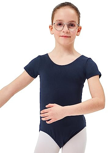 tanzmuster Ballettanzug Mädchen Kurzarm - Sally - aus weichem Baumwollstoff - Ballett Trikot Ballettbody - marineblau, Größe 116/122