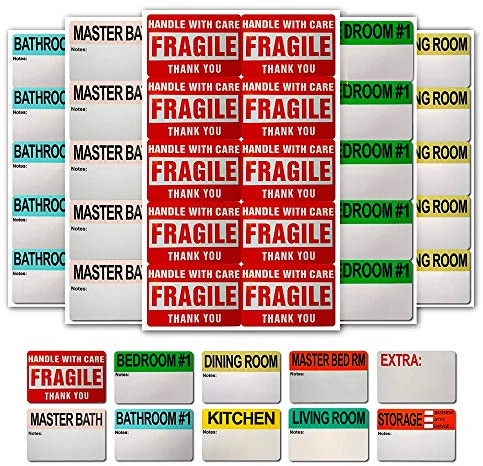 500 Moving Home Box Labels (50 Stickers Each) for Removals from Houses, Flats and Apartments, Moving Labels for Boxes - Fragile, Bedrooms, Bathrooms, Kitchen, and Extra