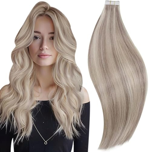 RUNATURE Tape Hair Extensions Human Hair Blonde Highlight Grey Blonde Tape in Hair Extensions Invisible Remy Straight Tape Hair 14 Inch 20 Pieces/50g #19AP60