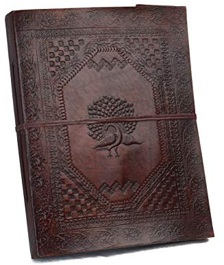 ROOGU Fotoalbum XXL * Flamme des Lebens * Lederalbum Handmade Indien * Pfau-Prägung * 240 Fotos 10x15cm * Baumwollpapier Vintage